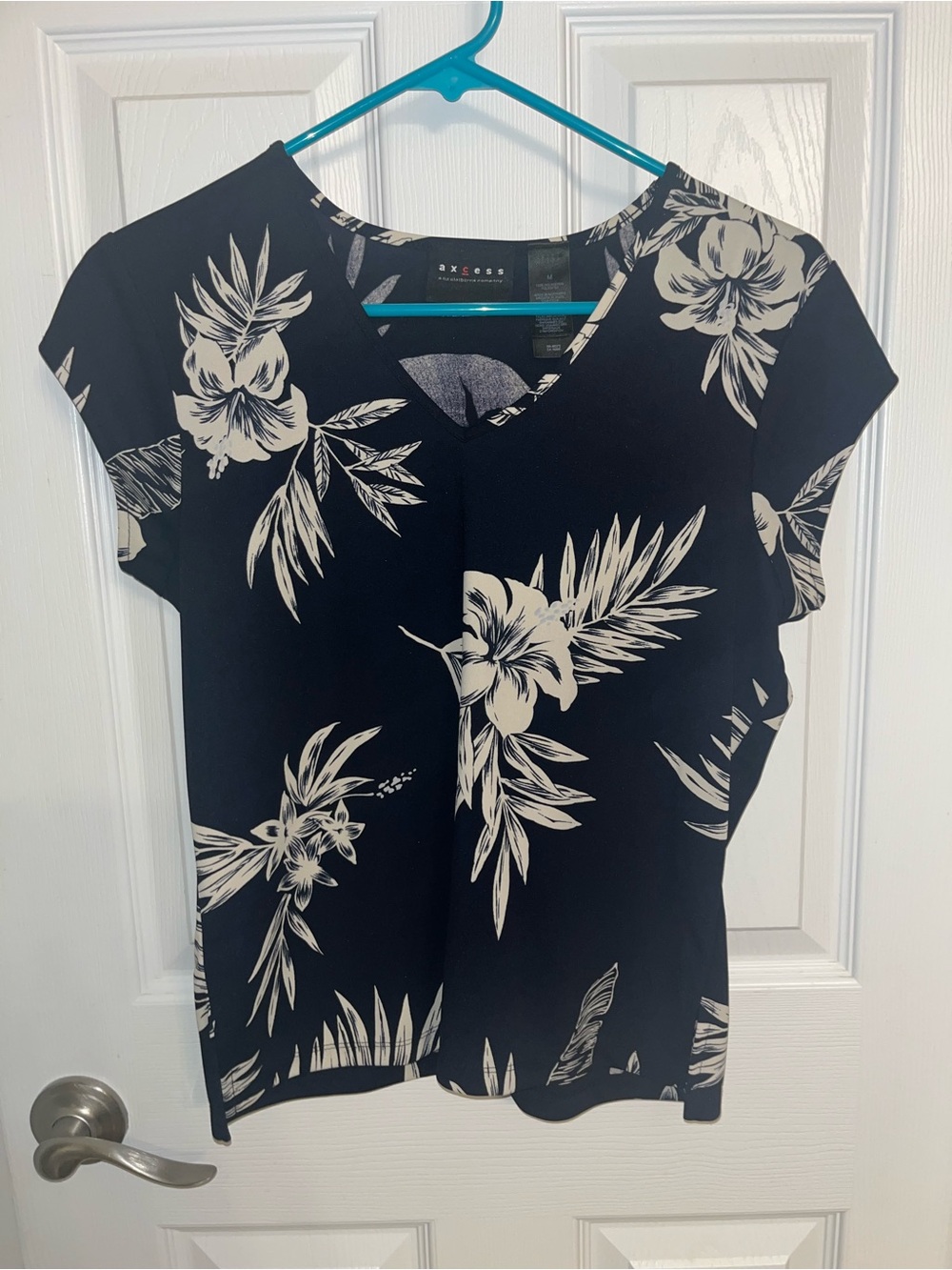 Axcess Black Floral V-Neck Blouse with White Tropical Print